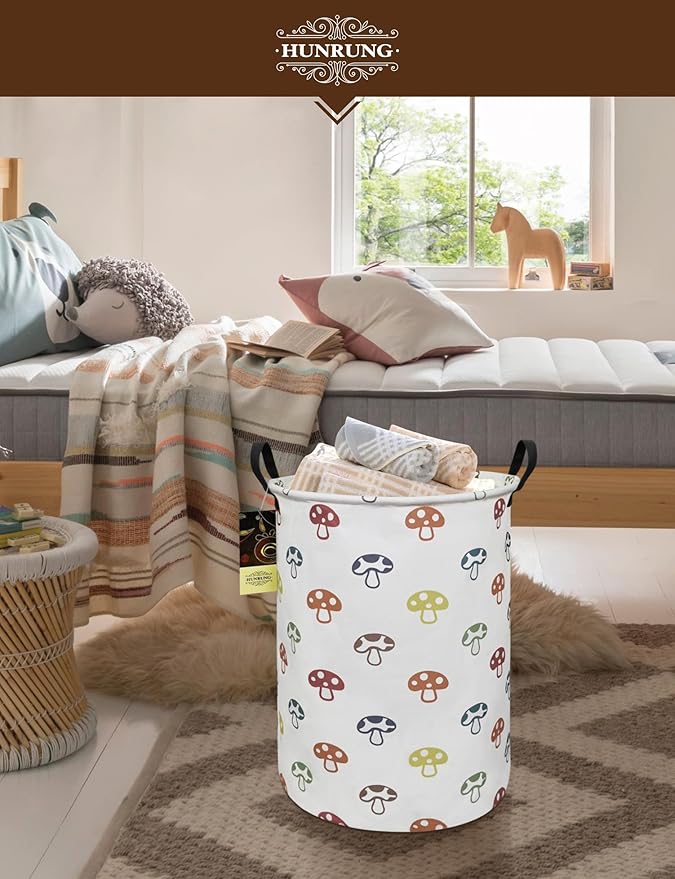 Collapsible Fabric Storage Basket, Waterproof Laundry Hamper with Handles, Round Storage Bin for Clothes Toys, Foldable Organizer for Bedroom Nursery Bathroom(Round-Color Mushroom)