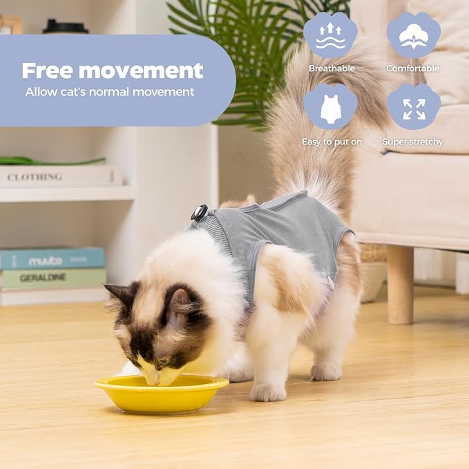 Avont Cat Recovery Suit,Post-Surgery Protective Vest Grey S | Breathable & comfortable cat onesie for cats after surgery female. Soft alternative to cone. Machine washable