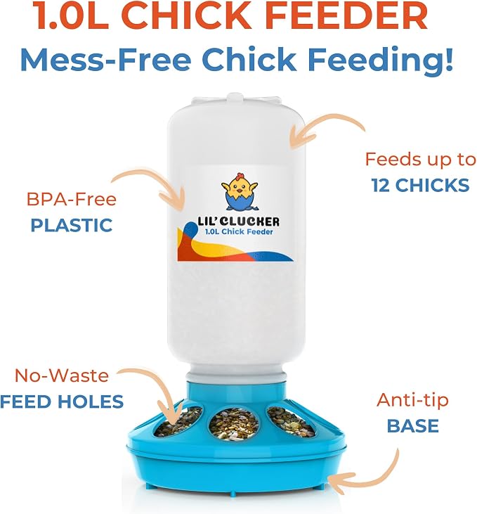 Lil'Clucker 1L Chick Feeder, 1.5L Chicken Waterer - No Leakage Chick Feeder and Waterer Kit, Durable Chicken Water Feeder, Chicken Feeder and Waterer Set, Poultry Waterer (Blue)