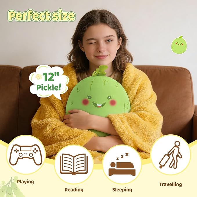 PEACH CAT Original Pickle Stuffed Animal 12" Cute Cucumber Plush Soft Vegetable Plushies Toys Gifts for Kids Green