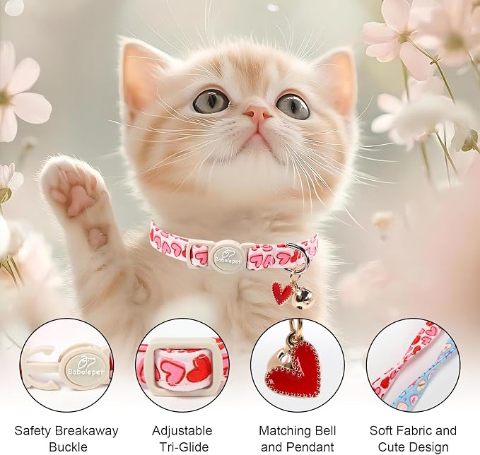 2 Pack Valentines Cat Collars - Valentine Breakaway Cat Collar with Bell, Pink and Red Heart Pendant, Adjustable Kitten Collars for Girl Boy Cats, Sweet Hearts