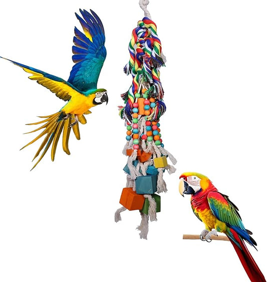 Durable Bird Toys for Large Parrots – Parrot Toys for Macaws & African Greys – Natural Wood, Squeaky, Chew & Climbing Toys for Large Birds, Safe & Eco-Friendly