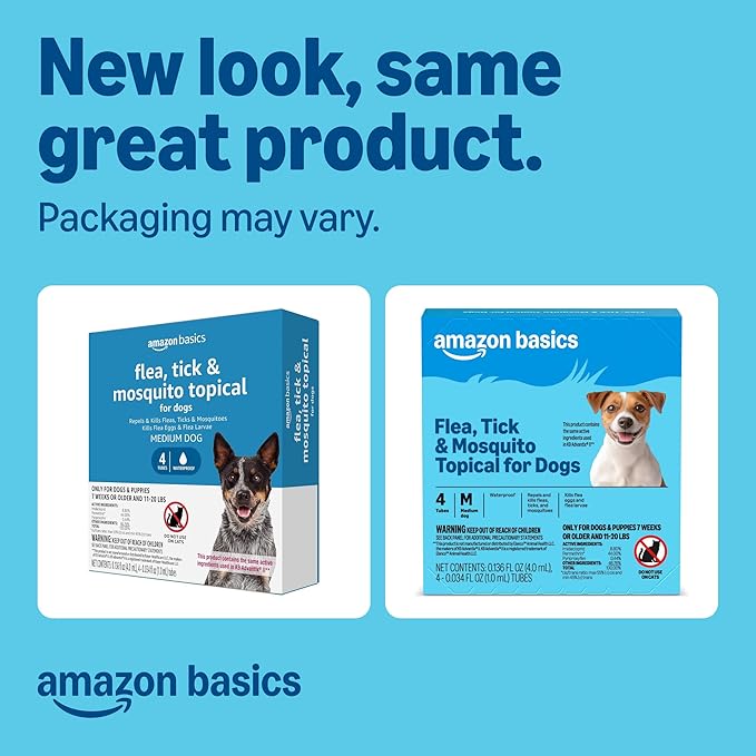 Amazon Basics Preventative Flea, Tick & Mosquito Topical Treatment for Medium Dogs (11-20 Pounds), Kills Fleas, Prevents Infestations, 4 Count, Packaging May Vary
