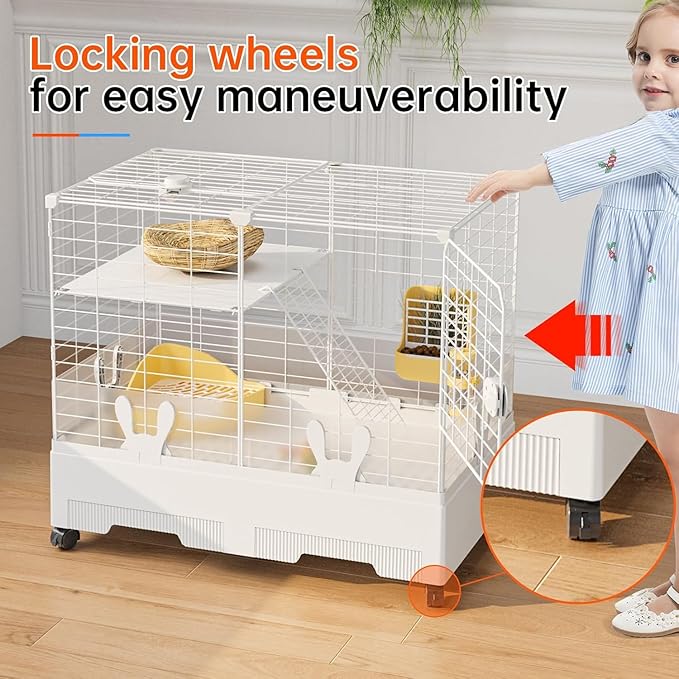 Oneluck Rabbit Cage Indoor,Loft Bunny Hutch with Urine-Proof wall,Leak-Proof Trays, Wheels 28.7" L x 18.1" W x 25.6" H for Rabbits Chinchillas, Guinea Pig and Small Animal (Small, Opaque)