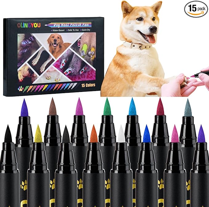 OLINGYOU 15 Colors Dog Nail Polish Pens Quick Dry, Pet Nail Polish Set for Dogs DIY Dogs Puppy Nails, Dog Safe Nail Polish Non Toxic, Odorless, Easy to Apply