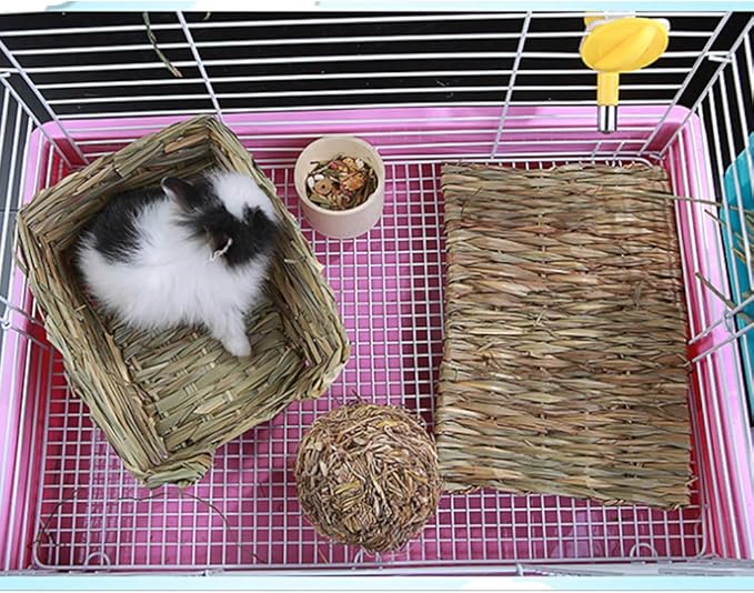 Hamiledyi Grass Mat Woven Bed Mat for Small Animal Bunny Bedding Nest Chew Toy Bed Play Toy for Guinea Pig Parrot Rabbit Hamster Rat(Pack of 3)