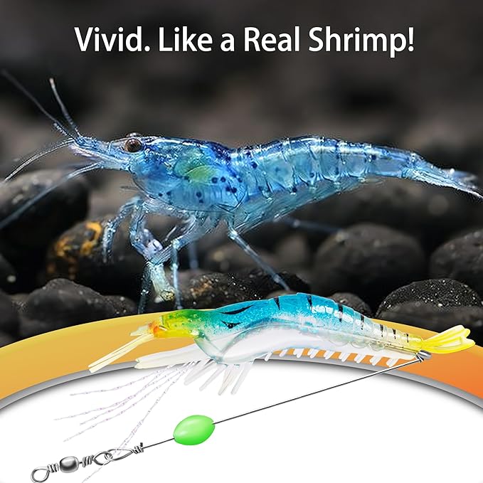14PCS Saltwater Fishing Lures Shrimp Lures Set with Bait Box, 7 Colors Premium Soft Shrimp Fishing Tackle with Luminous Sharp Hooks, for Saltwater and Freshwater Aggressive Fish