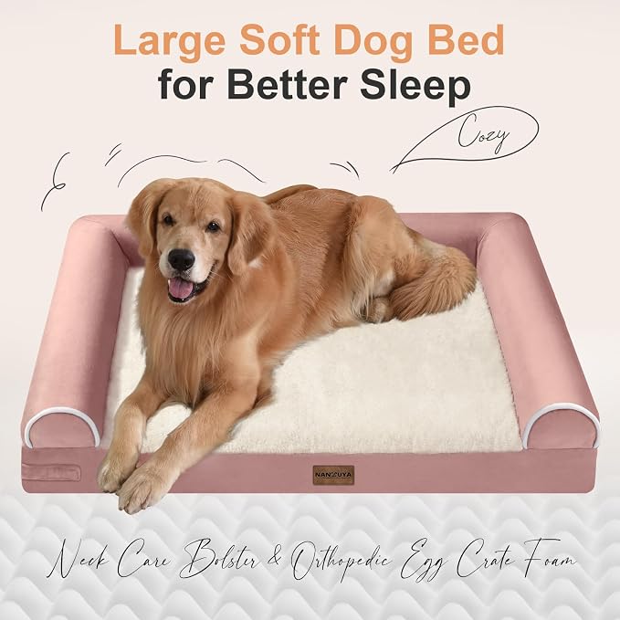 NANUYA Orthopedic Dog Bed for Jumbo Dogs, 53 x 42 Inch, Pink | Egg crate foam for joint support, 3-sided bolster pet sofa, waterproof lining, washable cover, and non-skid base