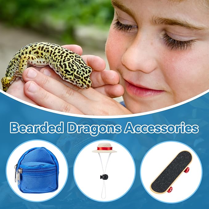 AOWPFVV 3 Pack Bearded Dragon Toys Includes a Bearded Dragon Backpack, an Adjustable hat, and a mini Skateboard Toy, for Small Reptile Pets Such as Lizards, Hamsters, Parrots, and Turtles