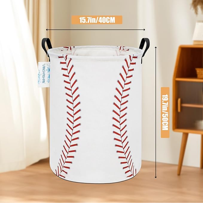 Laundry Basket Canvas Fabric Collapsible Organizer Basket for Storage Bin Toy Bins Gift Baskets Bedroom Clothes Children Nursery Hamper (Baseball)