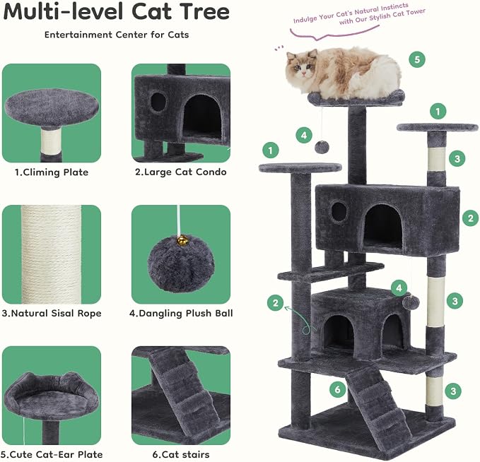DUMOS 54 Inch Indoor Cat Tree Tower with Scratching Posts, Multi-Level Pet House for Large Cats with 2 Condos, Round Platform, Small Ladder, and Toys – Perfect for Cats of All Ages, Dark Grey