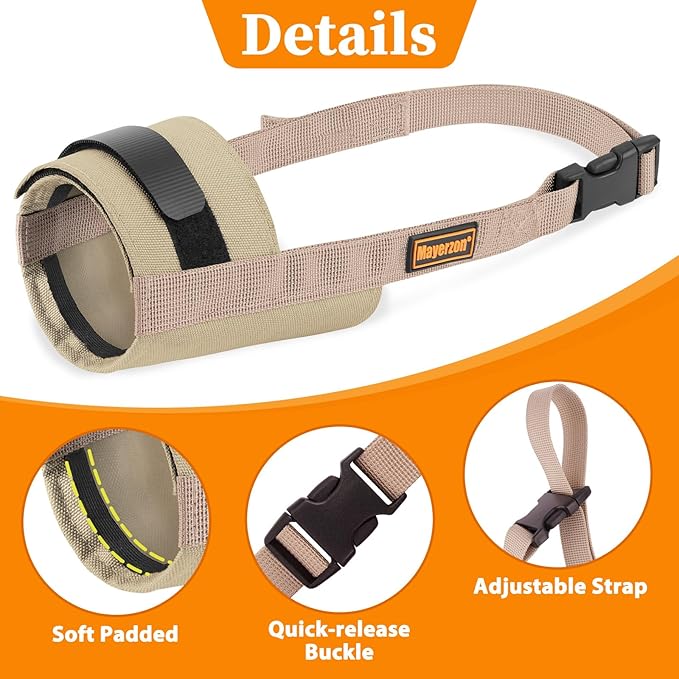 Mayerzon Dog Muzzle for Large Medium Small Dogs, Adjustable Fit, Soft & Sturdy Fabric, Prevents Fierce Barking Biting Chewing, Ideal for Grooming Walking Vet Visits, Allows to Pant Drink (Khaki, S)