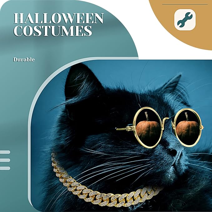 Xuniea 2 Pieces Cat Dog Chain Collar and Sunglasses Set Rhinestone Necklace with Secure Buckle Round Glasses for Doll Cat Dog Pet Accessories(8 Inch,Gold, Black)