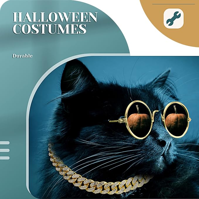 Xuniea 2 Pieces Cat Dog Chain Collar and Sunglasses Set Rhinestone Necklace with Secure Buckle Round Glasses for Doll Cat Dog Pet Accessories(16 Inch,Gold, Black)
