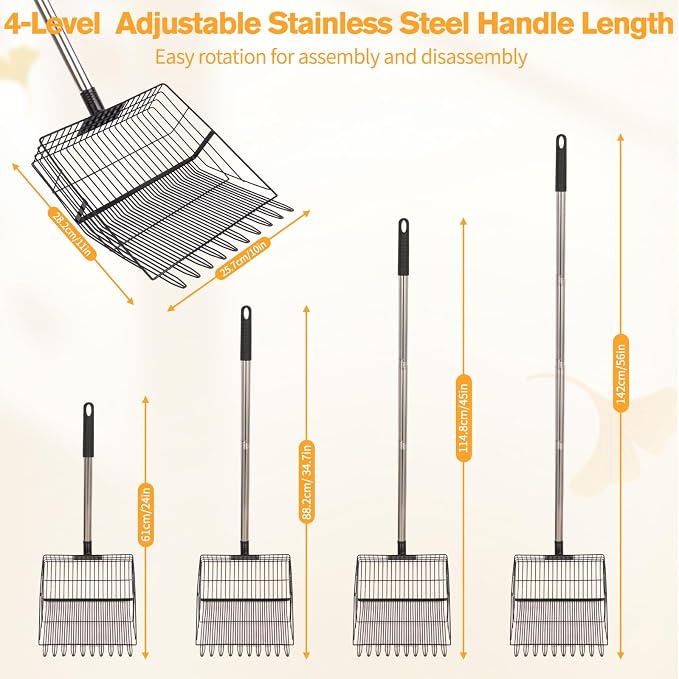 Reptilux Chicken Poop Scooper Adjustable Long Handle - Stainless Steel Sifter Shovel for Sand & Hemp Bedding - Metal Coop Scoop Rake - Chicken Accessories for Poultry, Dog & Cat Litter