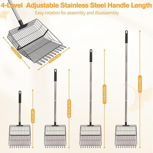 Reptilux Chicken Poop Scooper Adjustable Long Handle - Stainless Steel Sifter Shovel for Sand & Hemp Bedding - Metal Coop Scoop Rake - Chicken Accessories for Poultry, Dog & Cat Litter