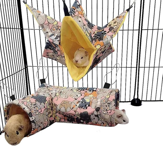 Guinea Pig Rat Tunnel Ferret Hammock, Small Animal Corner Tunnel & Tubes & Bed for Hedgehog Piggy Chinchilla Hideout Toys and Cage Accessories (3.Hammock&Tunnel, Pink cat)