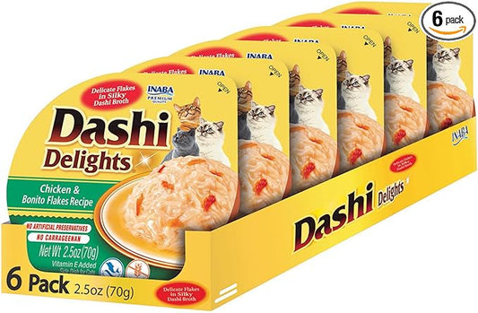 INABA Dashi Delights for Cats, Shredded Chicken Side Dish with Bonito Flake Broth, Cat Food Complement with Taurine & Green Tea Extract, 2.5 Ounce Cup, 6 Cups Total, Chicken & Bonito Flakes Recipe