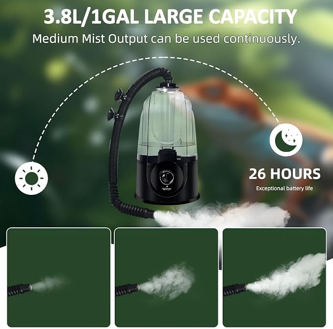 Coospider 3.8L Reptile Fogger Mister, Quiet Reptile Humidifier for Reptiles Tank, Terrarium Humidifiers, Reptile Misting System for Reptiles Amphibians Herps Vivarium (Dual Hose)