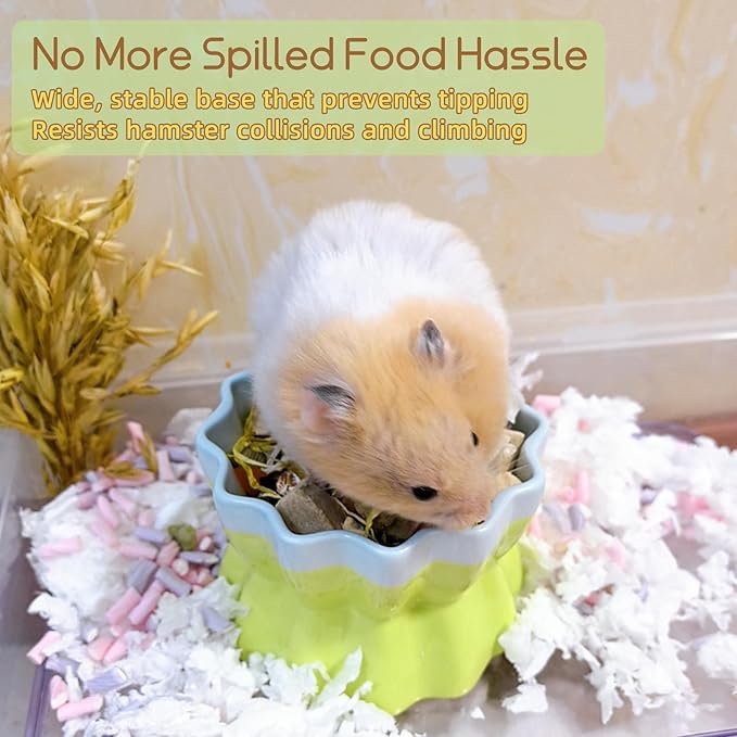 Ceramic Hamster Food Bowl Elevated Hamster Bowl Non-Tip Rat Feeding Dish with Water Bottle for Dwarf Gerbil Mouse Mice Sugar Glider (Green)
