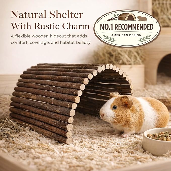 Guinea Pig Hideout, Collapsible Wooden Tunnel & Hideaway for Rabbits, Hedgehogs, Chinchillas, Ferrets and Other Small Pets, Flexible Natural Wood Cage Accessory, No Assembly Required (1PCS*6.6*11‘’)