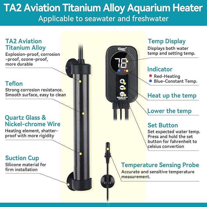 hygger Marine Aquarium Heater 100W,Titanium Heater with Digital LED Controller & Temperature Probe,Submersible Fish Tank Heater with Temperature Calibration,for Saltwater Freshwater Tank 15-20Gallon