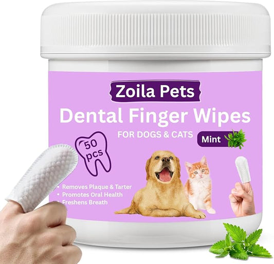 Dog & Cat Dental Wipes - Finger Toothbrush for Plaque, Tartar & Breath | Dental wipes help remove plaque, tartar & bad breath for dogs, cats & small pets, easy at-home oral care, 50 Wipes, Mint
