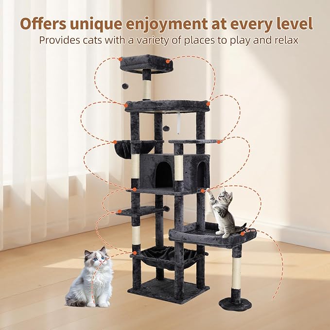 77.5 Inch Cat Tree with Bed, Hammock, Observation Deck, Plush Platform & Toy Ball for Indoor Cats (Grey)