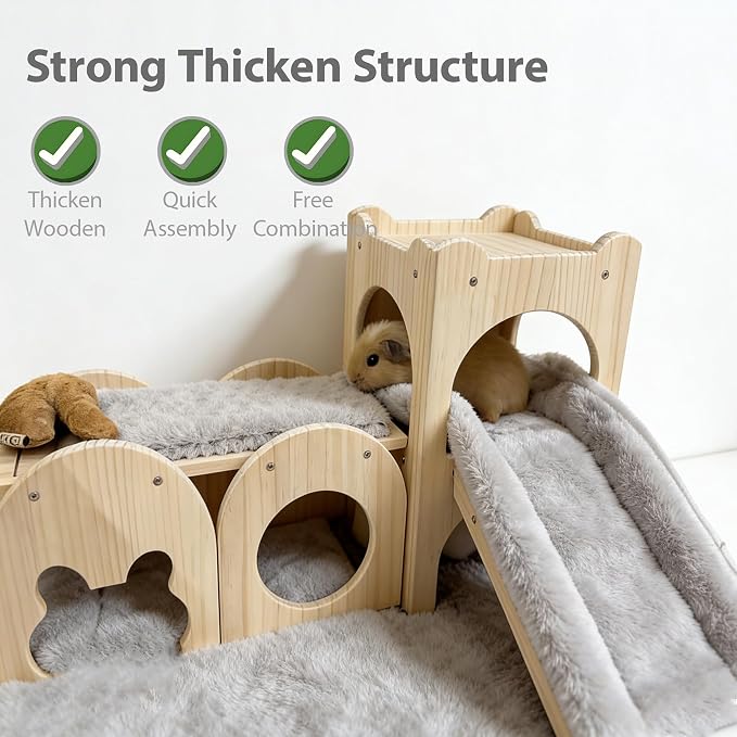 Rabbit Castle Large Guinea Pig Hideout Thicken Solid Wooden Bunny House with Ramp,Rabbit Playhouse for Chinchilla,Hamster,Small Animal Houses & Habitats(Set of 3)