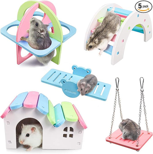 Dwarf Hamsters House DIY Wooden Gerbil Hideout Rainbow Bridge Swing and Pvc Seesaw, Suitable for Small Animal Habitat, style-1