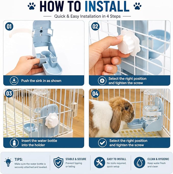 Rypet Rabbit Water Bottle No Drip - 17oz Hanging Water Fountain Automatic Dispenser Pet Cage Water Feeder for Bunny Chinchilla Guinea Pig Hedgehog Ferret Blue