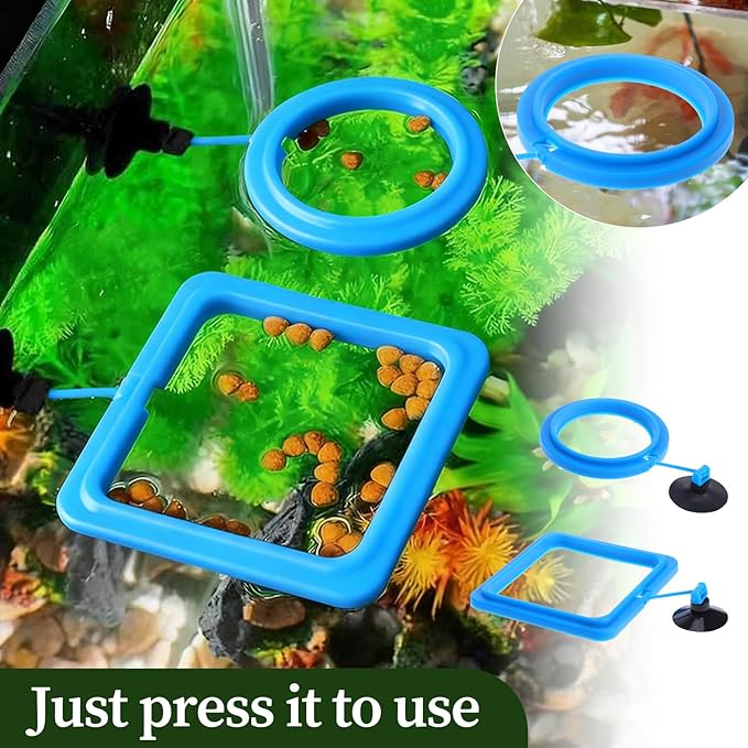 2 Pcs Fish Feeding Ring, Aquarium Feeding Ring Turtle Tank Accessories Automatic Square and Round Floating Food Feeder with Suction Cup for Betta Guppy Goldfish (Blue)