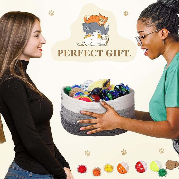 Zopeal 58 Pcs Mother’s Day Cat Storage Basket Gift Toys Set, Colorful Flashing Balls Pet Bell Crinkle Balls Spring Toys Attract Cat to Swat, Hunt, Interactive for Pet(Multicolor,9.8 Inch)