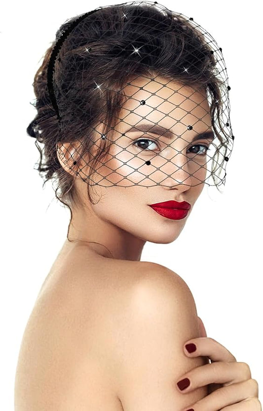 Jansun Black Veil Mesh Veil Headband 1920s Headpiece Birdcage Veil Bridal Wedding Tea Party Fascinator Veil for Women