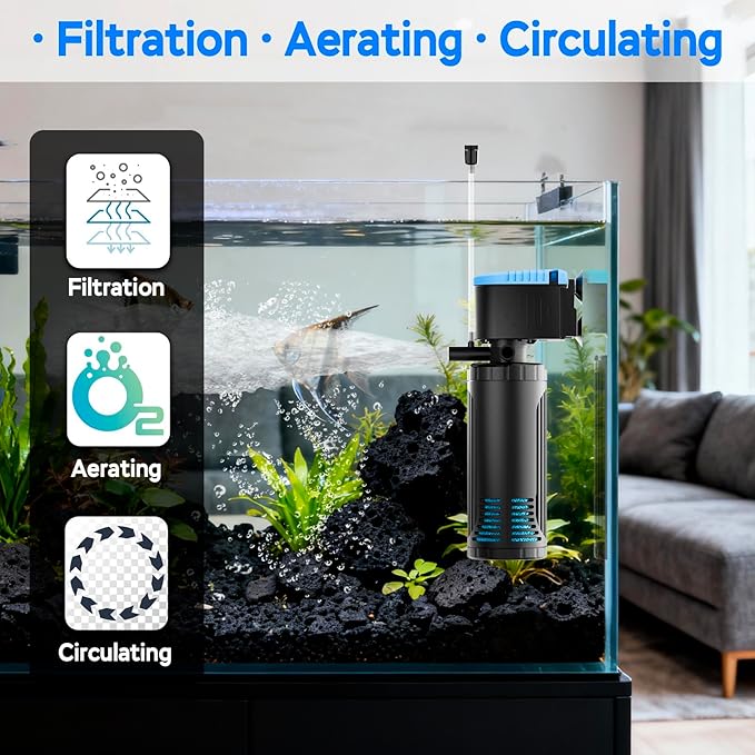 AquaMiracle 300GPH Internal Aquarium Filter, 3-Stage Fish Tank Filter with Dual Outlets & Aeration, Water Flow Adjustable Turtle Filter for 60-150 Gallon Tanks