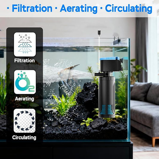 AquaMiracle 300GPH Internal Aquarium Filter, 3-Stage Fish Tank Filter with Dual Outlets & Aeration, Water Flow Adjustable Turtle Filter for 60-150 Gallon Tanks