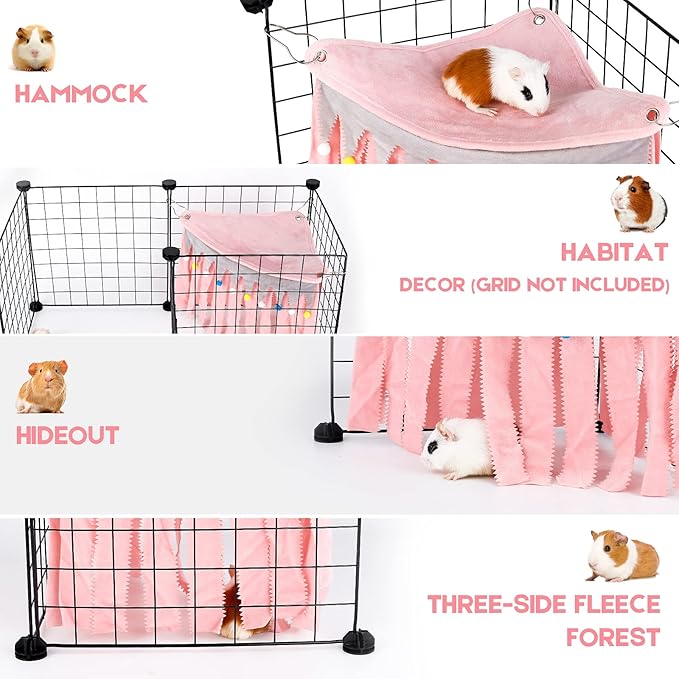 Guinea Pig Hideout - Guinea Pig Corner Hideout, Three-Sided Fringes, Triangle Top and Washable Hides, Suitable Hides for Rabbit and Other Small Pets, No Metal Fences, Pink