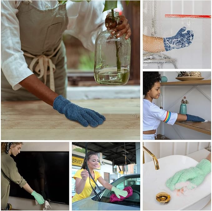 Patelai 2 Pairs Microfiber Gloves for plants Dusting Cleaning Glove Mittens House Cars Blinds Dusting(Blue, Grass Green,Large)