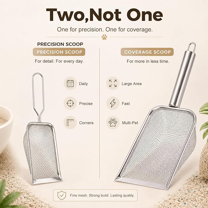 Stainless Steel Hamster Sand Scoop Set, 1mm Fine Mesh & Standard Scoop Combo, Small Pet Sand Bath Cleaner for Hamsters, Gerbils, Mice, Reptiles, Easy Sifting for Fine Sand