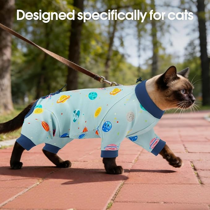DENTRUN Patterned Cat Clothes with Hair Sticky Fabric for Hair Control - Soft Recovery Suit & Breathable Lint-Resistant Cat Sweater for Cats Only, Kitten Onesie Pajamas, XS, Deep Blue