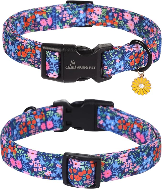 ARING PET Floral Dog Collar, Cute Blue Pink Orange Spring Summer Flower Doggy Pet Collars for Puppy Small Medium Large Girl Female Dogs-XS