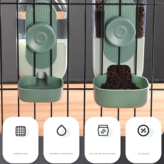 Cage Hanging Automatic Food Water Dispenser, Water Food Bowl for Cage Pet, Dog Cat Feeder and Water Dispenser, Feeding Station for Cats Dogs Ferrets Rabbit Bunny (Mint Green)