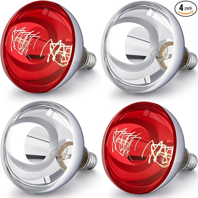 VIHOSE 4 Pack 150 Watt Heat Lamp 120v R40 Heat Lamp Bulbs Glass Incandescent Light Bulbs Incandescent Heating Lightbulbs for Reptiles Chicks Food Puppies Bathroom, Use E26 Base (Silver, Red)