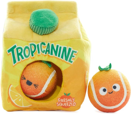 BarkBox Fresh Squeaked OJ Dog Toy – 2-in-1 Plush Toy with Crinkle Carton & Squeaky Tennis Balls – Interactive Fetch & Treat-Hiding Toy for Medium Dogs
