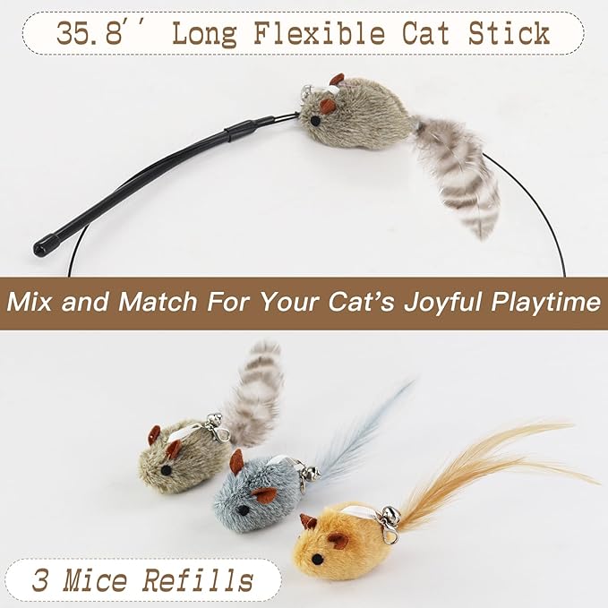 Andiker Cat Wand Toy, 3 Pack Plush Mouse Shapes Cat Feather Toys Refills with Bells and a 35.8'' Long Flexible Cat Stick, Interactive Cat Toys for Indoor Cats to Chase Beat Chew
