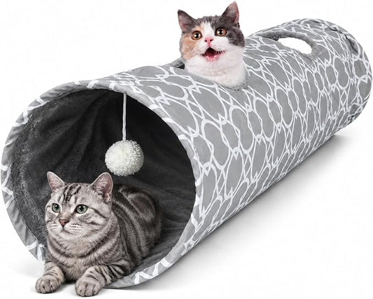 Geometric Straight Cat Tunnel with Plush Inside,Cats Toys Collapsible Tunnel Tube with Balls, for Rabbits, Kittens, Ferrets,Puppy,Diameter 11.8 Inch