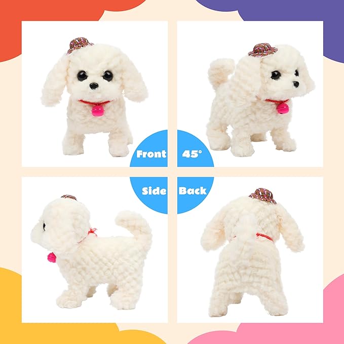 Walking White Dog Stuffed Animal Talking Wagging Nodding Educational Plush Puppy Toy Electric Interactive Animated Plushies for Girls Boys Birthday