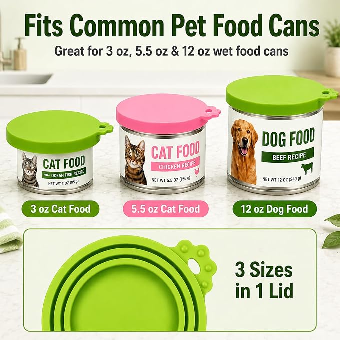 Lydia’s Deal Pet Food Can Covers 2-Pack, Universal Size – One Lid Fits 3 Pet Food Can Sizes (3oz/5.5oz/12oz), Airtight Silicone Lids, BPA-Free & Dishwasher-Safe for Dog & Cat Food Cans (Pink+Green)