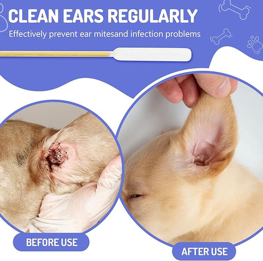 100PCS Professional Dog Ear Swabs in Storage Box, 6 Inch Long Cotton Swabs with Bamboo Handle for Dogs - Soft Cotton, Gentle and Lint-Free, Specially Designed Large Cotton Swabs for Dog Ear