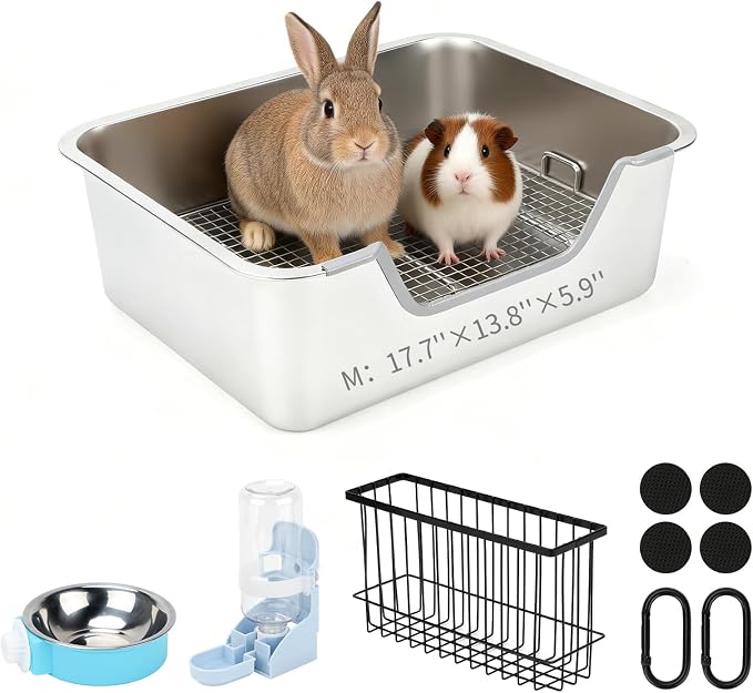 YUEPET 4-in-1 Large Rabbit Litter Box, Non-Slip Stainless Steel Litter Boxes with Sifting Grid & Hay Feeder Food Bowl, Easy Cleaning Bunny Litter Box with Odor Control for Rabbits Small Pets（M）